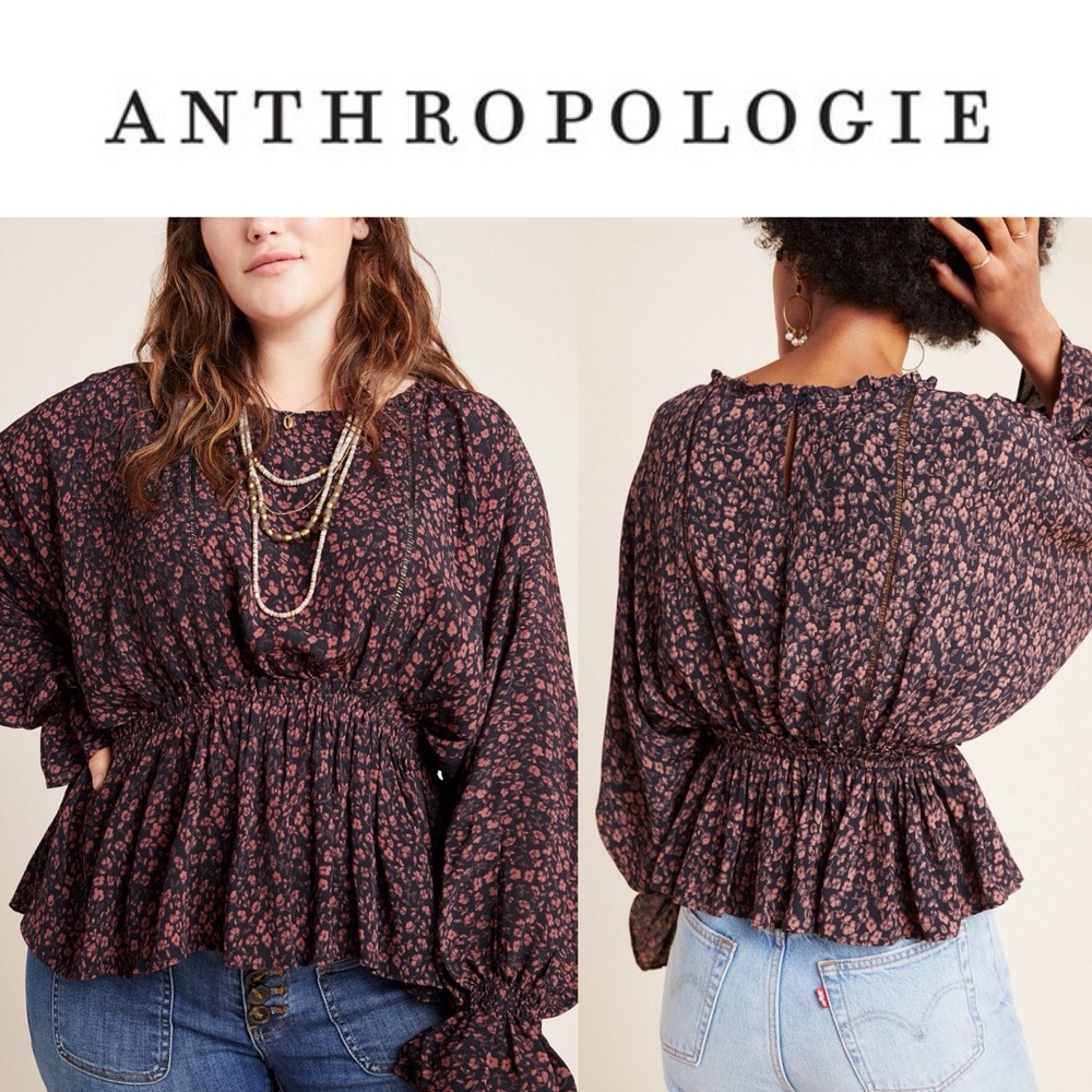 Anthropologie NWT Nichola Peplum Blouse Floral Ruffle Balloon Sleeve SzLarge